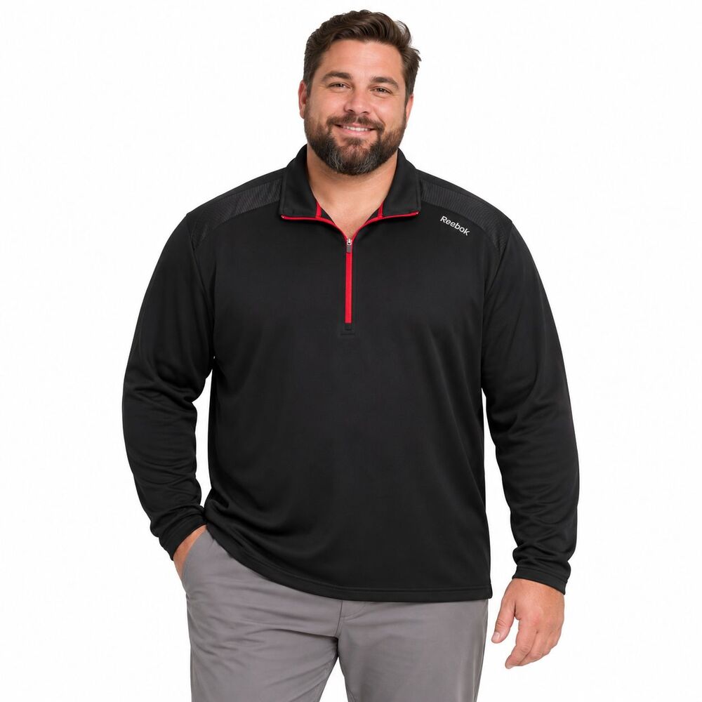 Reebok Men's XLT 1/4 Zip Pullover PlayDry VersaCool Black Red Long Sleeve